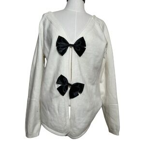 White Knit Cardigan Oversized Black Satin‎ Bows XL Balletcore Coquette Girly